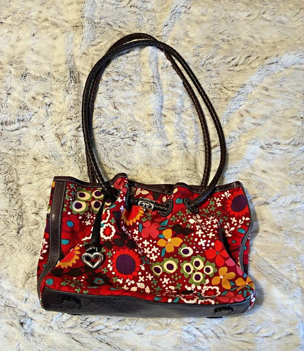 Brighton Floral Drawstring Shoulder Bag Braided Strap Heart Charm Green Lining